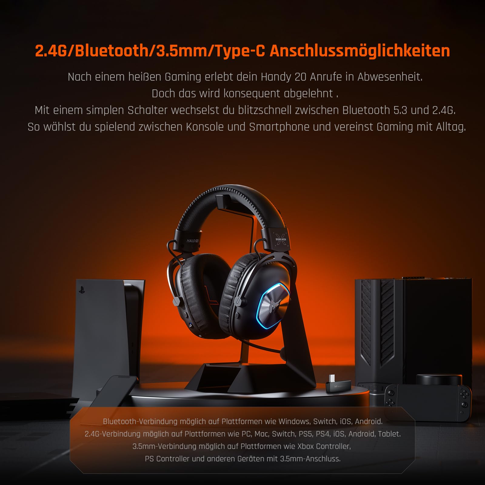 Black Shark Big Won zestaw słuchawkowy do gier, dźwięk przestrzenny, redukcja szumów, mikrofon pałąkowy z funkcją wyciszania, nauszniki ze sztucznej skóry, PC/Mac/Xbox One/PS4/Nintendo Switch, kolor