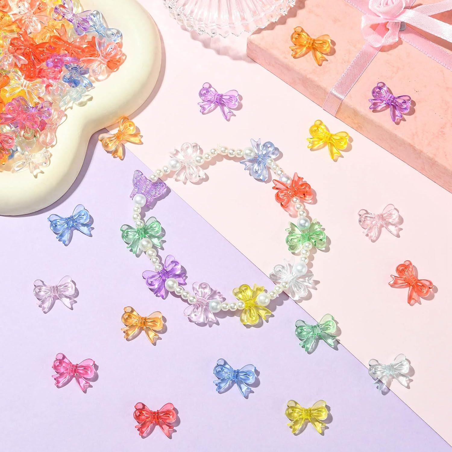 Ornazy 900 pcs Random Clear Acrylic Bow Beads Transparent Colorful Bowknot Loose Spacer Beads for DIY Bracelet Necklace Earring Jewelry Making - Image 6