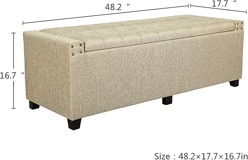 Miniatura 34 de Adeco Otomana de almacenamiento, banco tapizado rectangular de piel sintética con patas de madera, reposapiés, mesa de café para sala de estar,