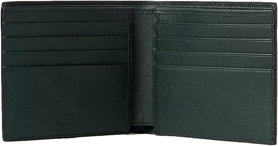 Prada Dark Green Saffiano Leather Bifold Wallet Metal Logo New