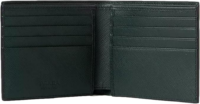 Prada Dark Green Saffiano Leather Bifold Wallet Metal Logo New