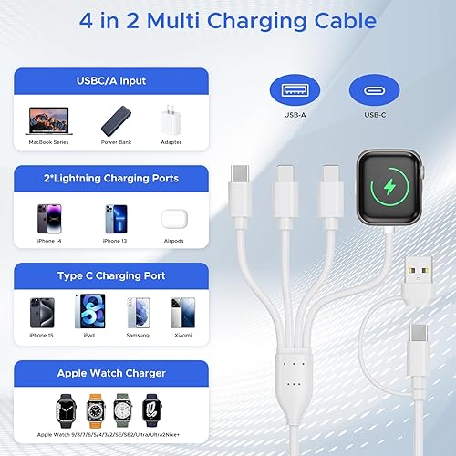 Miniatura 6 de Cable de carga múltiple 4 en 2 para cargador de Apple Watch, cable USB C, cargador de viaje universal con Ltipo C compatible con iPhone 16 15 14 13