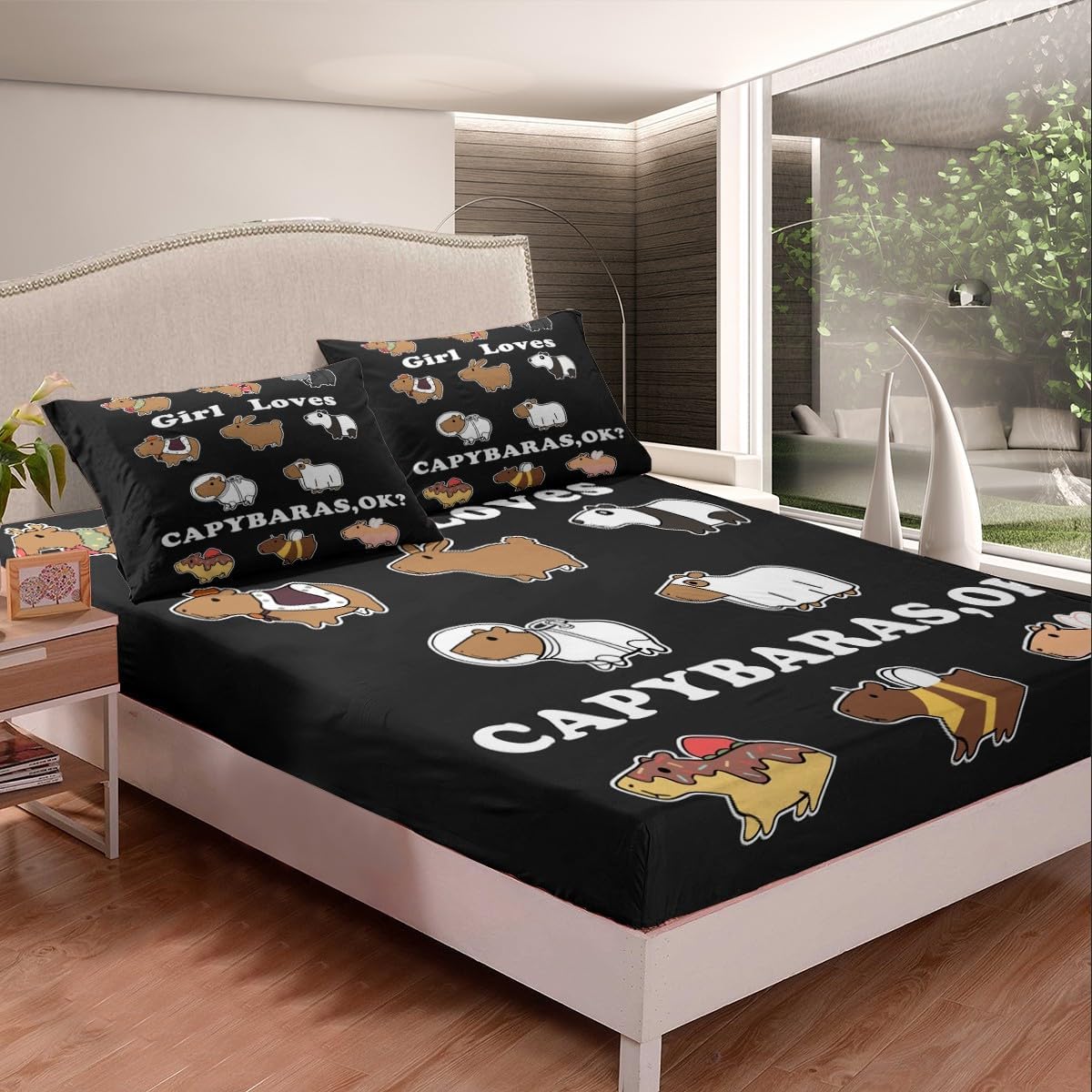 Capybaras Bed Sheet Set Gifts for Kids Boys Girls Capybara Lovers Bedding Set Full Size Cute Capybara Fitted Sheet Brown White Funny Rodent Animals Bedding Sheets Black Grey Bedroom Decor 3Pcs image 2