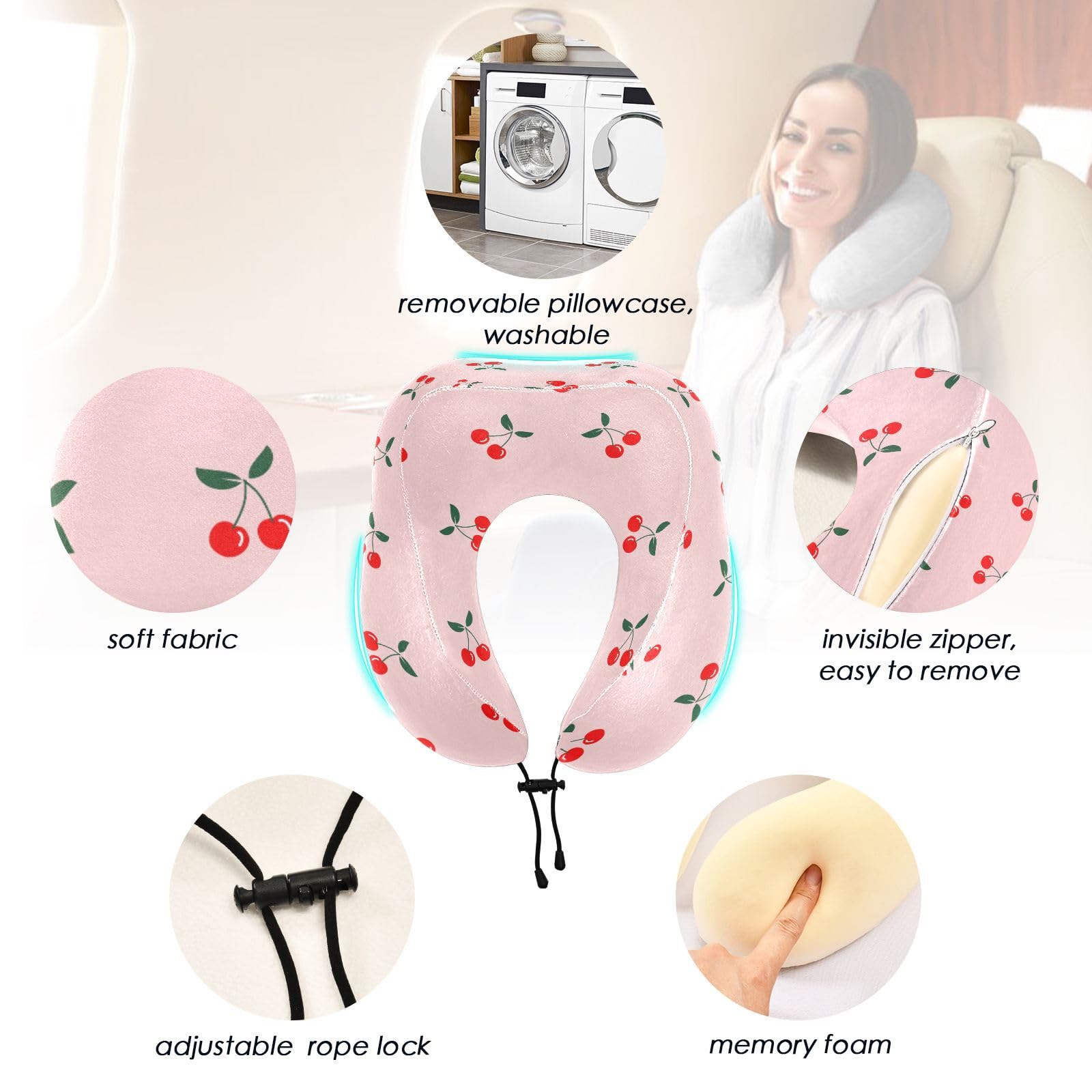 susiyo Travel Pillow Red Cherry Airplane Neck Pillow Premium Memory Foam Travel Neck Pillow Head Support Comfortable Flight Pillow with Storage Bag for Airplane, Car, Train, Office and Home