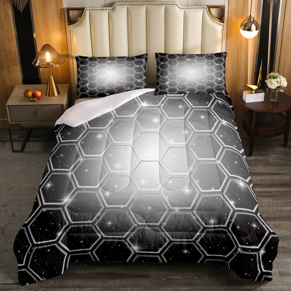 Loussiesd Honeycomb Duvet Insert Hexagonal Beehive Geometrical Bedding Set For Kids Adults Black Grey Soft Simplistic Galaxy Double Size Warm Bed in a bag 3 Pcs