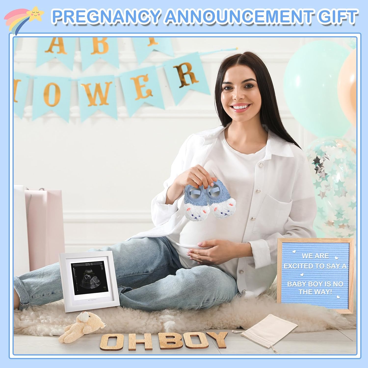 9 Pcs Pregnancy Announcement Set Pregnancy Reveal Ideas Felt Letter Board Bodysuit Baby Booties Photo Frame Plush Bear Wood Blocks for Coming Soon Baby Announcement (Boy,Blue) - Image 6