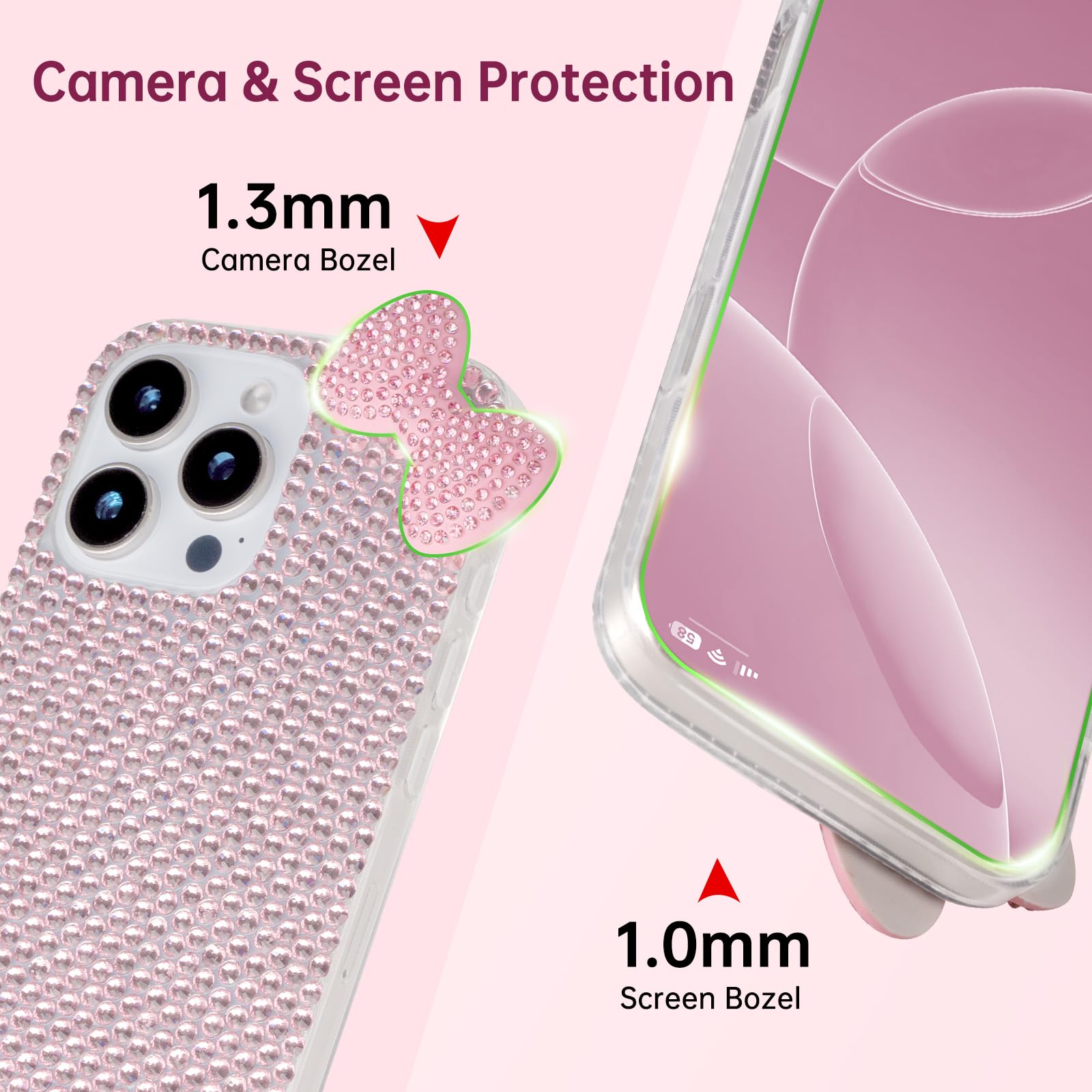 Niedliche Schutzhülle für iPhone 11, 15,4 cm (6,1 Zoll), mit HD-Displayschutzfolie, rosa Glitzer, Strass, Schleife, Handyhüllen, glitzernd, transparent, stoßfest, für Damen, Mädchen und Kinder