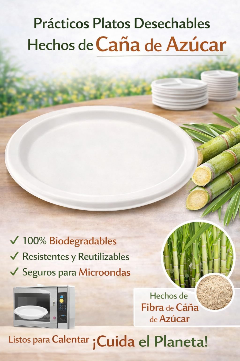 500 platos desechables de bagazo de caña de azucar, de color blanco de 23 cm