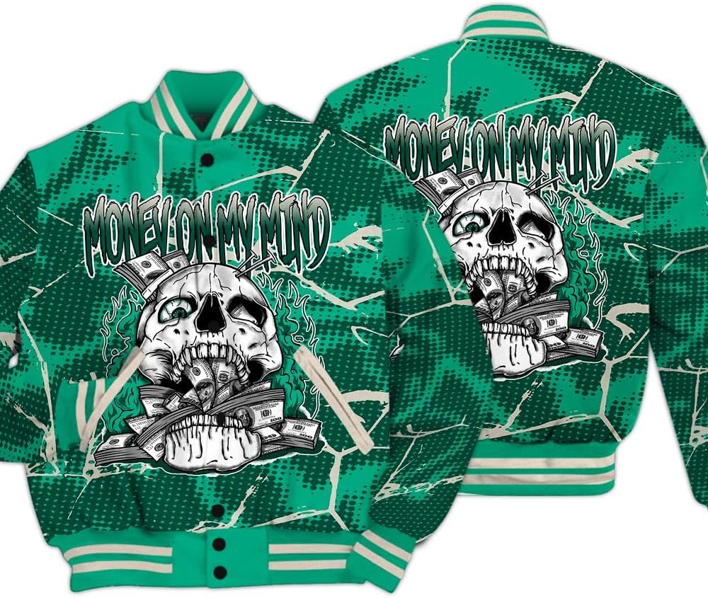 Dunkare Oxidized Green 4s Varsity Jacket, Streetwear Varsity Jacket, MOMM Skeleton Crack Varsity Jacket Unisex