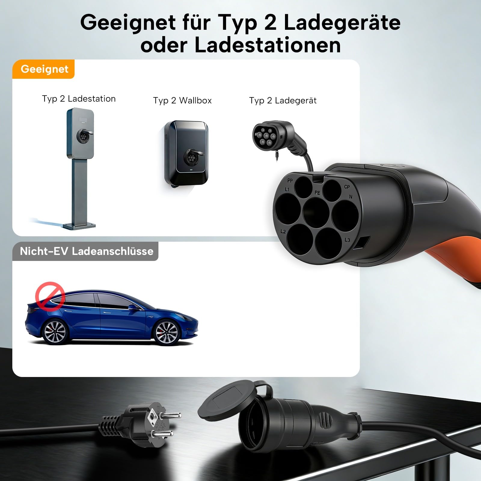Typ 2 auf Schuko Adapter, 16A/1m, für Ladestationen oder Wallbox | Type 2 Entladeradapter für Elektrische Motorräder, E-Scooter und E-Bikes, 3,5 kW,Plug & Play, Tragetasche