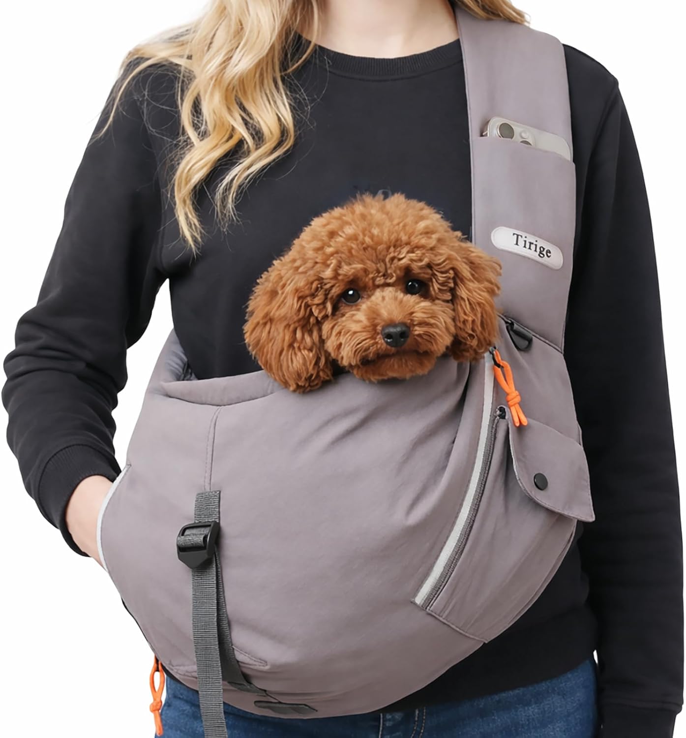 Pet Sling Carrier for Small Dogs and Cats, Hands-Free Crossbody Bag with Safety Leash, Multiple Pockets, Gray, 5-15 lb