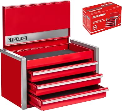 Geinxurn 3-Drawer Rolling Red Tool Box, Heavy Duty Micro Roll Cab Steel Stackable Tool Chest with Lockable Drawers, Large Capacity Tool Cabinet for Garage, Workshop, Truck