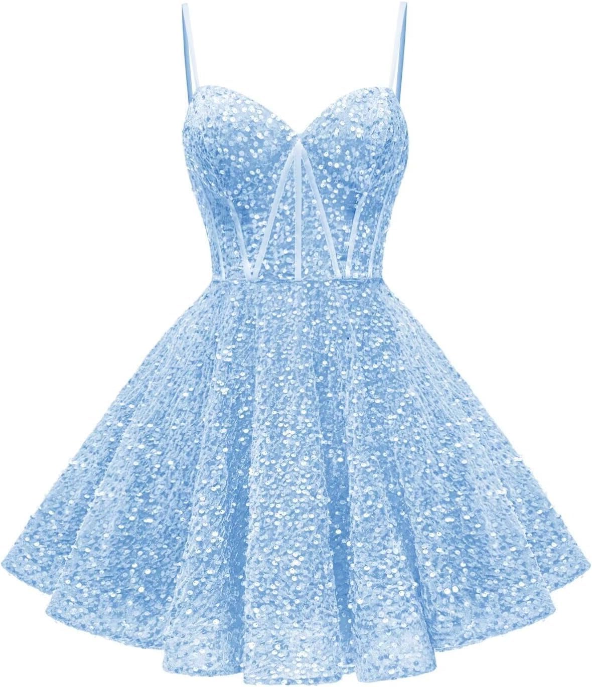 HPPEE Light Blue Sequin Homecoming Dress 2025 V Neck Short Prom Dresses Cocktail Party Gowns for Teens UK6