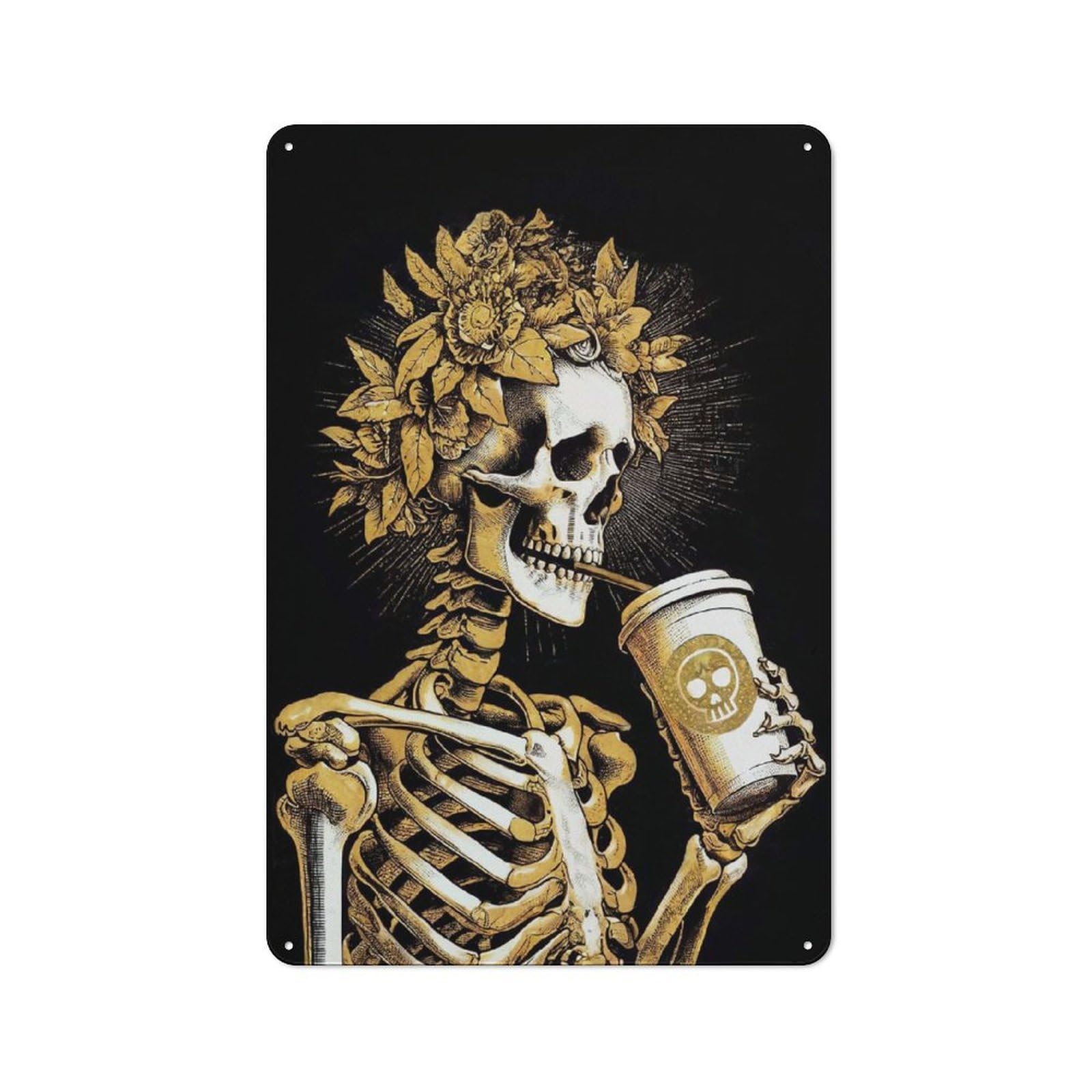 Junmoney Skeleton Drinks Coffee For Home Office Or Studio, Retro Metal Wall Sign 30X20cm, For Vintage Wall Decor Fans, For Metal Sign Collectors