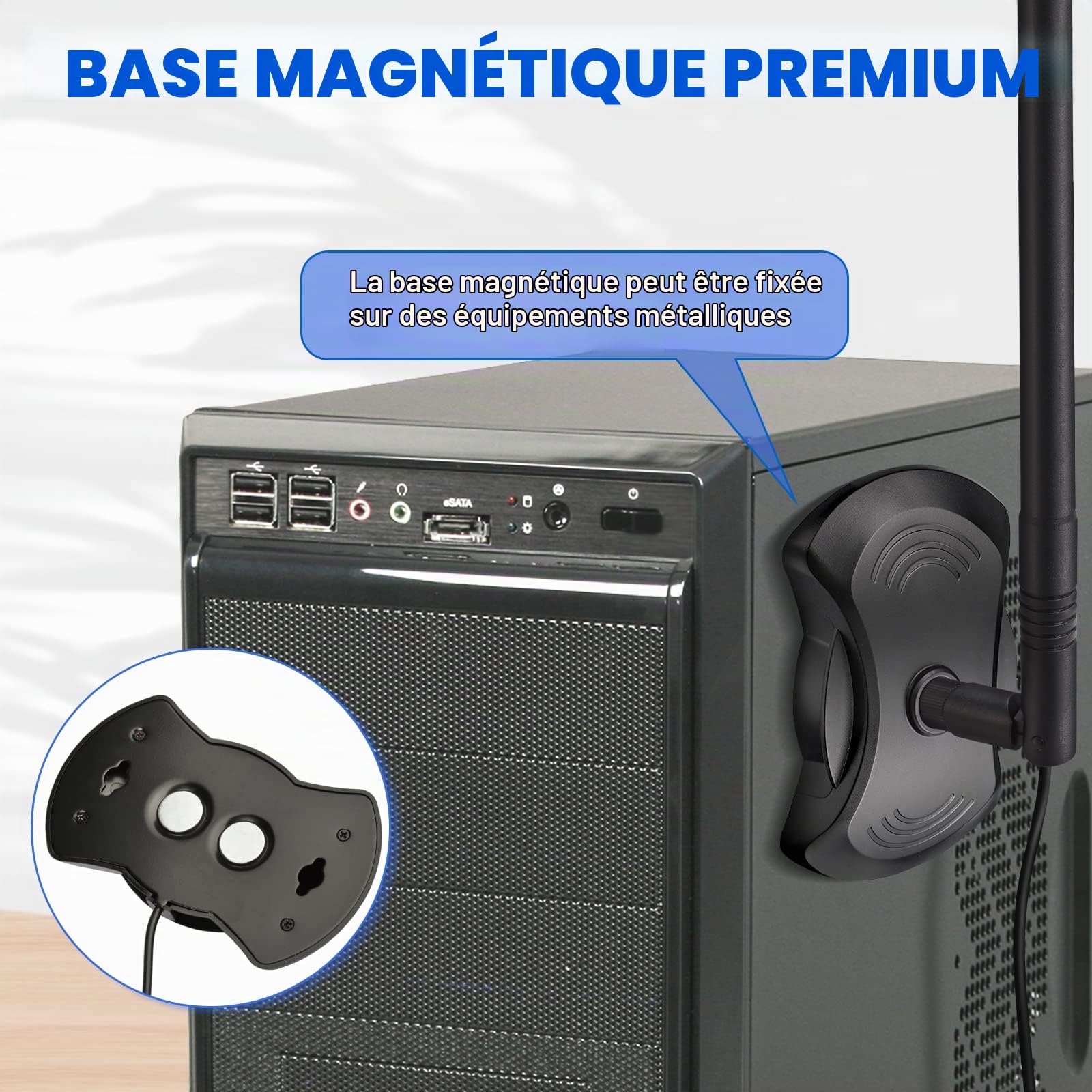 Eightwood Antenne WiFi 2.4G/5.8G RP-SMA Mâle avec Base Magnétique Câblée | 12dBi Antenne WLAN Inclinable RP-SMA pour Carte WiFi PCI Routeur sans Fil Bluetooth ZigBee