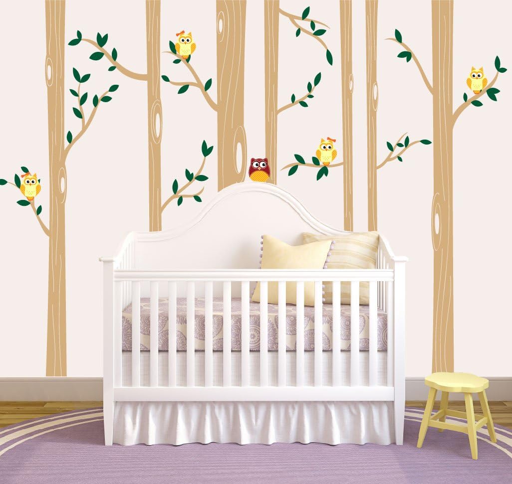 Nursery Birch Tree Wall Decal Set With Owl Birds Forest Vinyl Sticker, Birch Tree Wall Decal, Birch Tree Decal Baby Boy Whimsical Owls (7 trees) #1321 (96" (8ft) Tall, Custom - Contact Us)