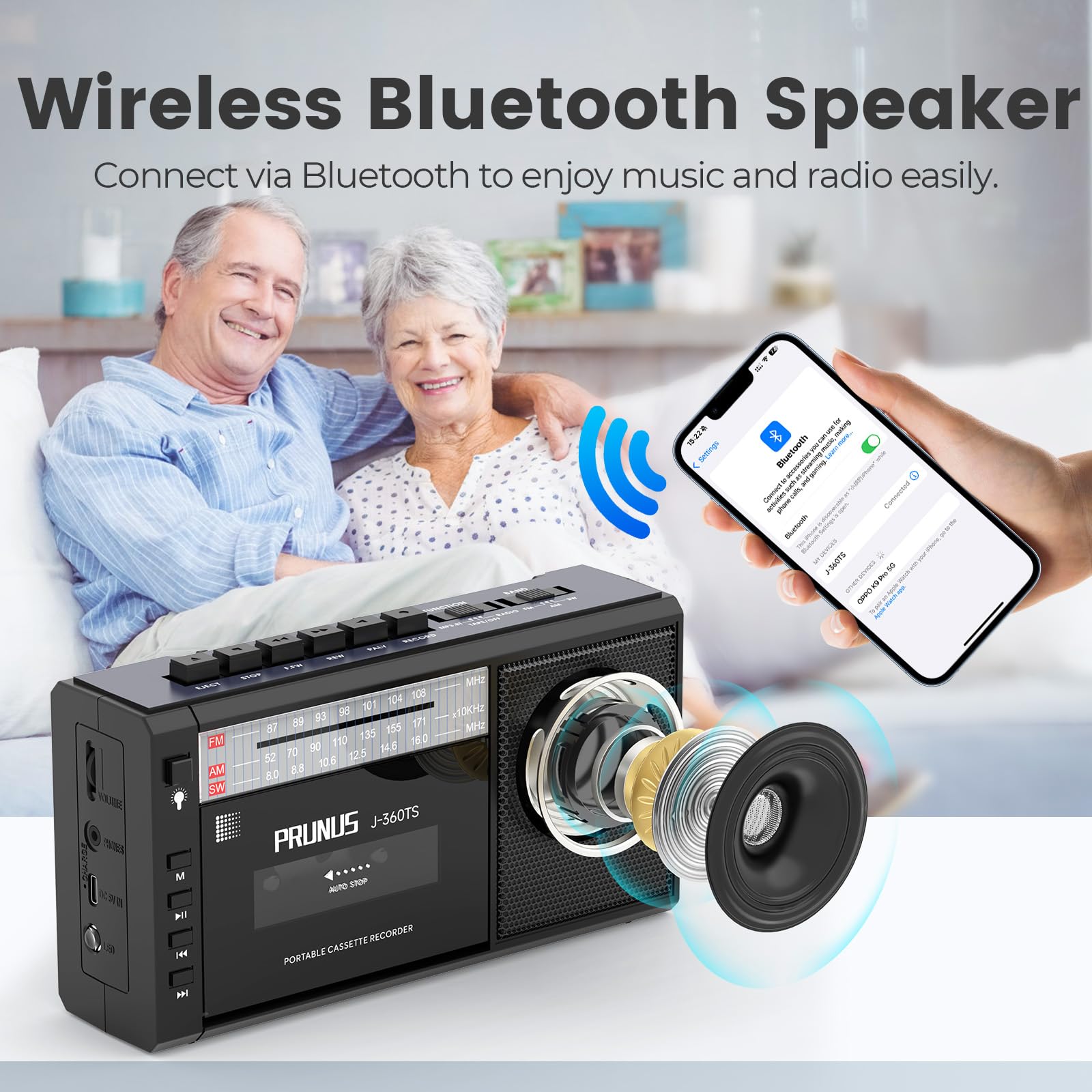 Magnétophone Portable, PRUNUS J-360 AM/SW/FM Radio Cassette Player avec Panneau Solaire Rechargeable, Lecteur Cassette avec Bluetooth, Support de Lampe LED/Carte TF