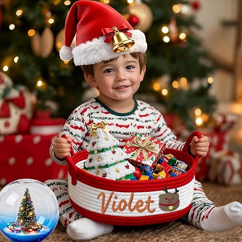 Miniatura 6 de Cestas de Navidad personalizadas con nombre, cesta de cuerda de algodón personalizada para decoración de Navidad con la familia, cesta de regalo