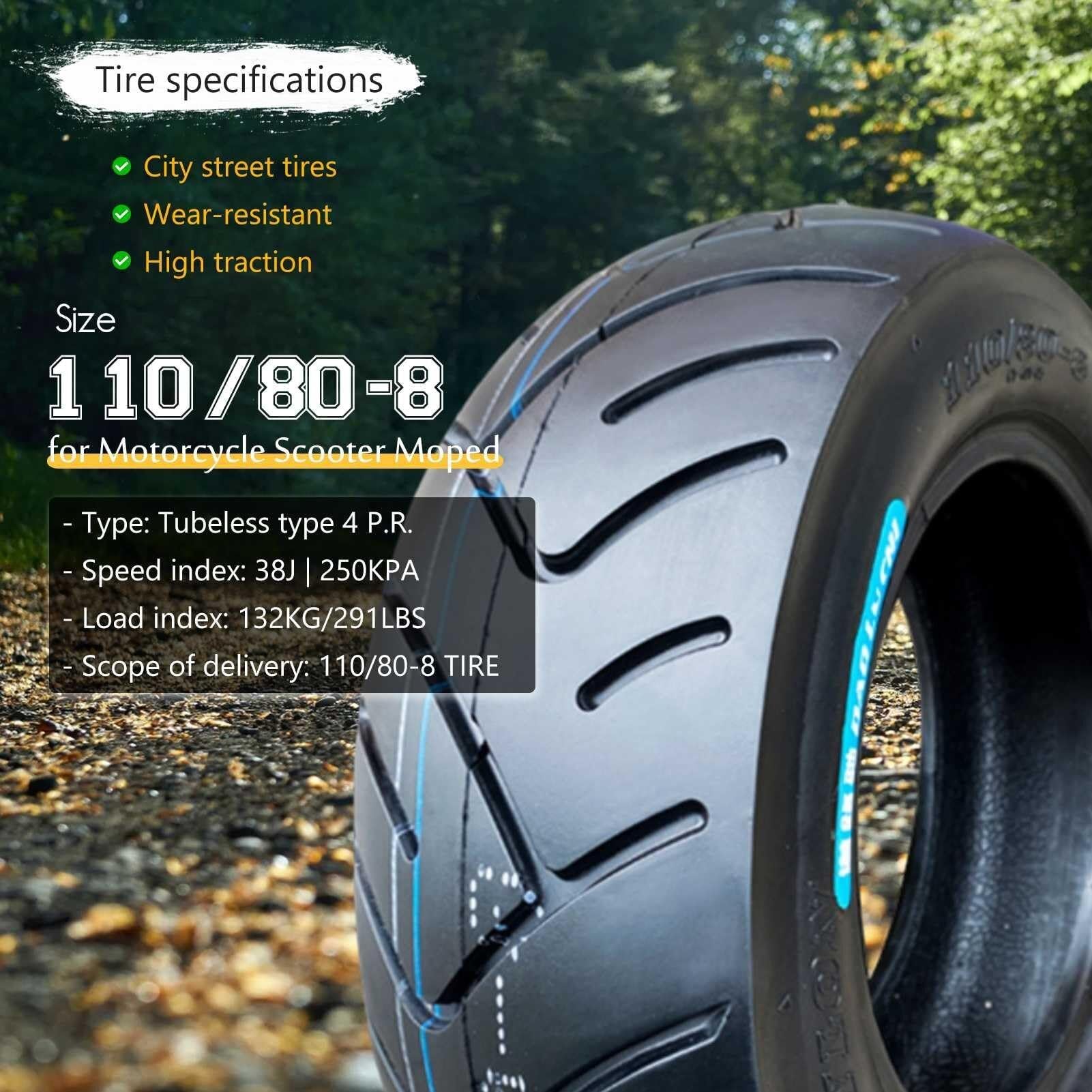110/80-8 Opona Bezdętkowa, Opona Motocyklowa Półtermiczna 8 Cali do Skutera Przednia lub Tylnia 4 PR Indeks Nośności 38J Maksymalne Ciśnienie 250 kPa Kompatybilna ze Skuterem i Minimotocyklem