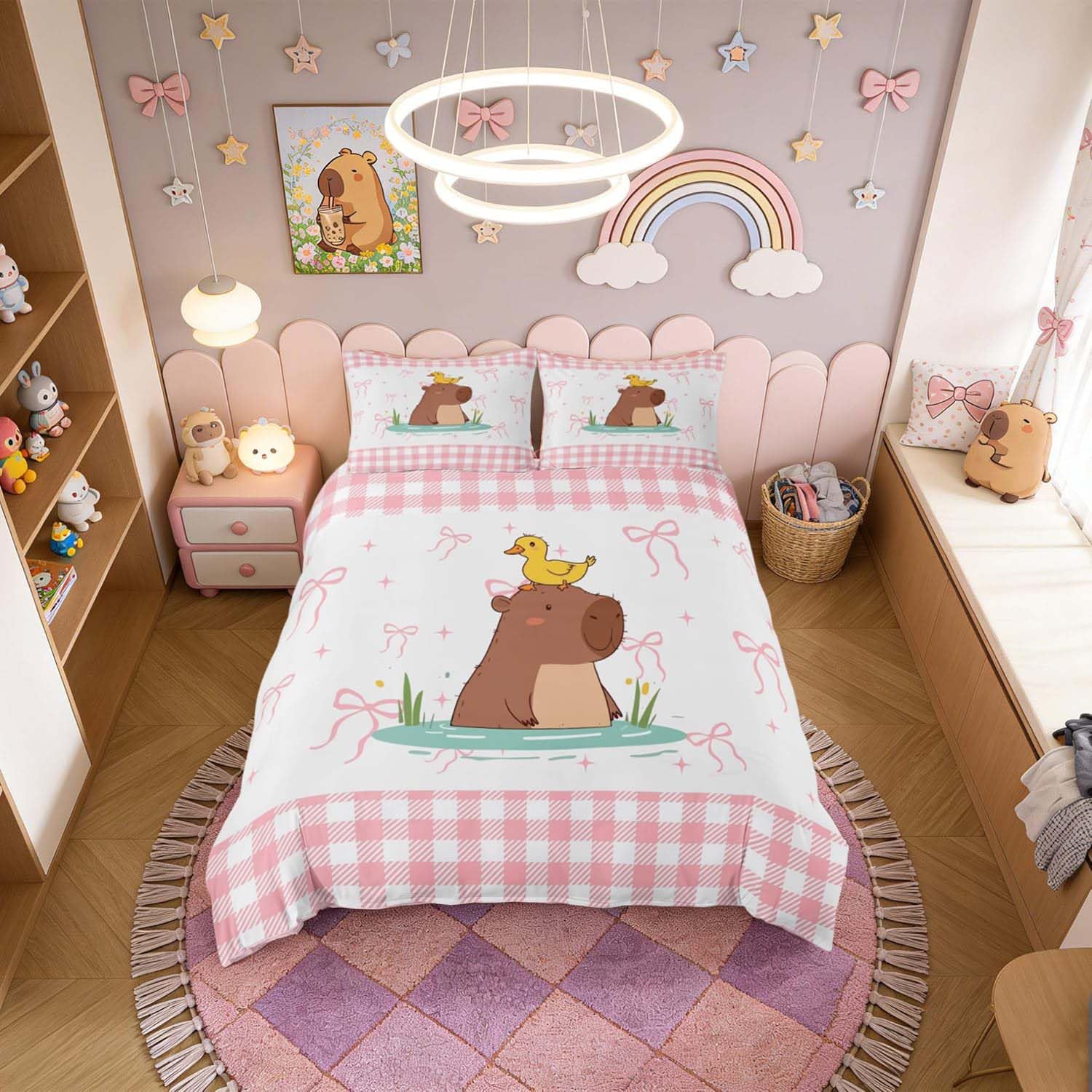 Homemissing Swimming Capybara Duvet Cover Set Single Size for Kids Boys Girls Bow Capybara Bedding Set Plaid Bowknot Duvet Cover with 1 Pillowcase Pink Bow Bedding
