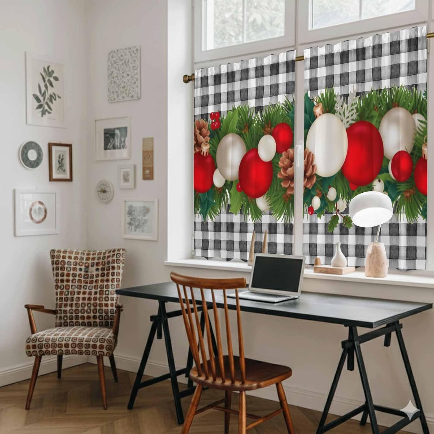 Christmas Kitchen Curtains, Red White Ball Pine Cones Needles Grey Plaid Light Filtering Window Curtain Panels, 2Pcs Rod Pocket Window Treatments Set for Cabin Bathroom Bedroom 52x45 Inches