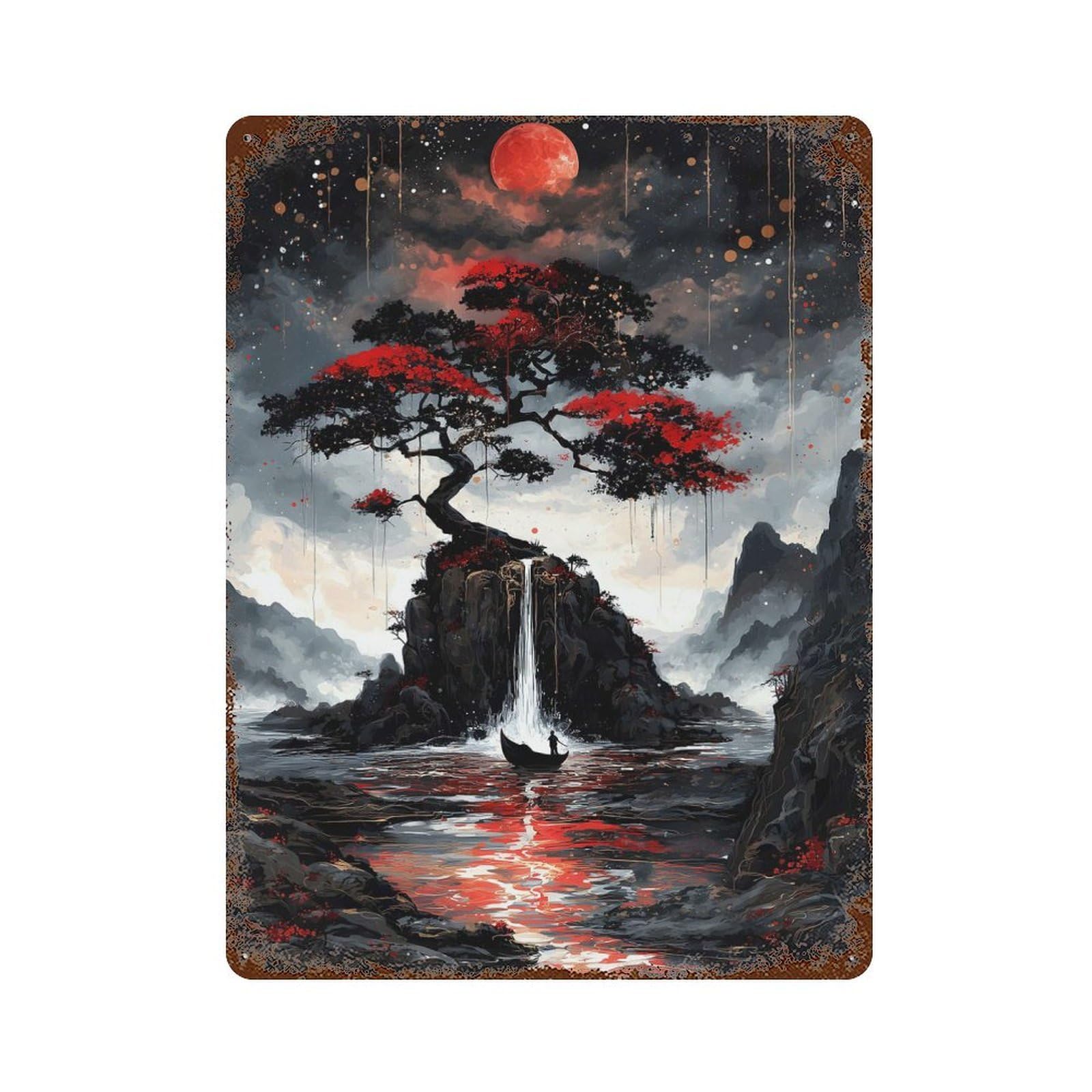 Red Moon Serenity Decorative Tin Sign 15.7"x11.8", Industrial Home Decor for Garage, Pub Or Kitchen