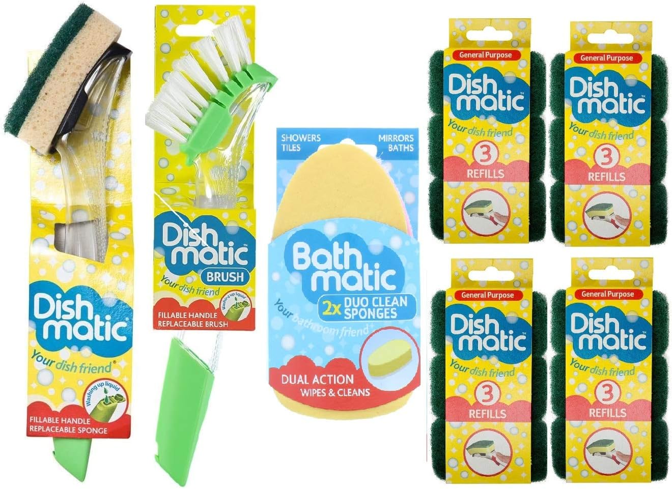 Dishmatic Cleaning Bundle 1 x Washing Up Brush + 1 x Dish Brush + 2 x Bathmatic Sponge + 12 x