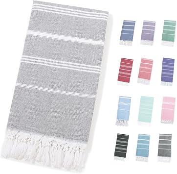 Personalized Turkish Beach Towel, Custom Monogrammed Beach Towel with Embroidery Names for Adult, Absorbent Cotton Striped Design Lightweight Large Blanket Light Grey