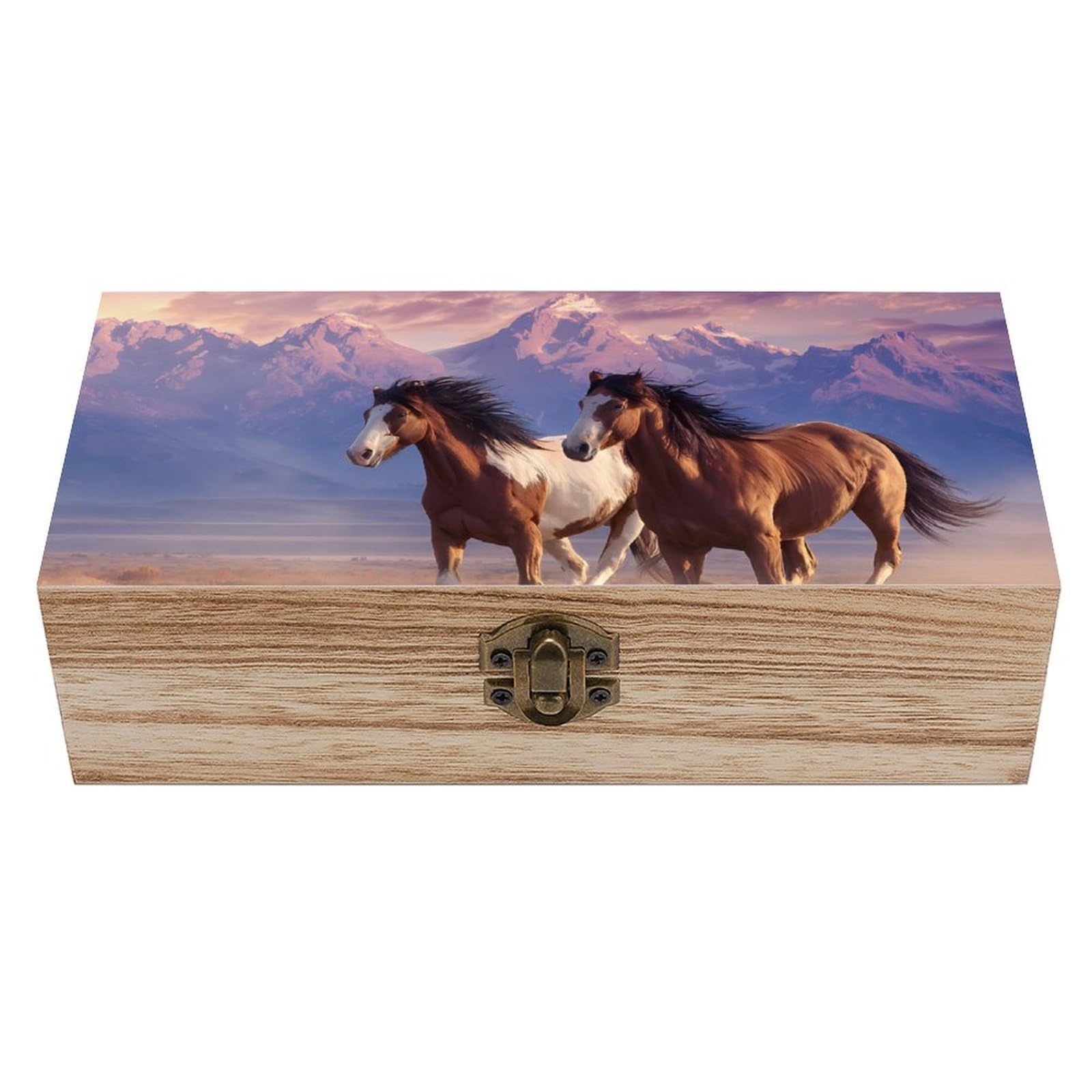 HLBSDM Running Horses Sunset Sky Mountains Wooden Box with Hinged Lid Decorative Storage Case Container
