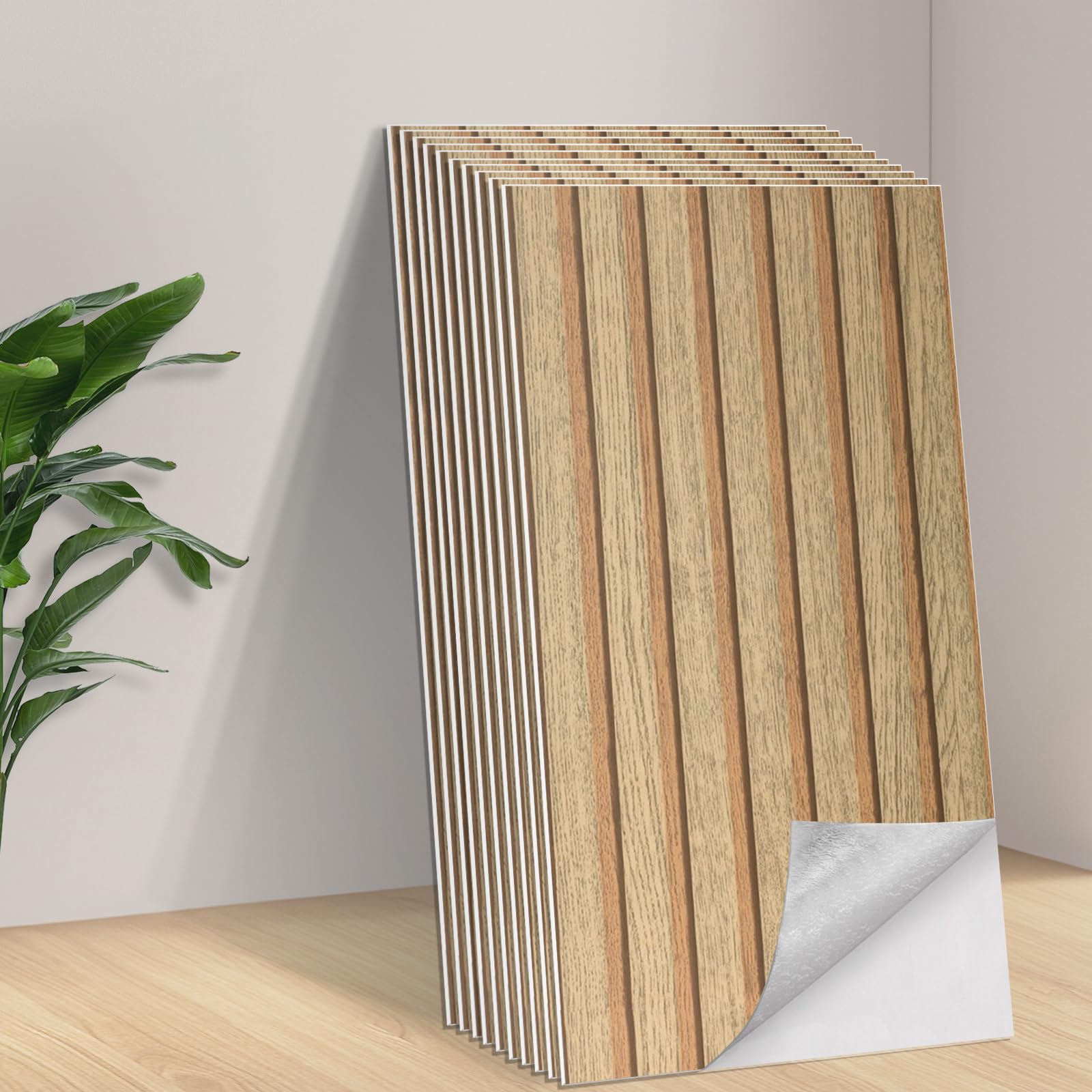 Tarwanear Peel and Stick on Wall Panels Wood Slats 10 piece 60x30cm Self Adhesive Wall Tiles 3D Wood Panelling Tile Stickers for Bathroom Kitchen Backsplash Waterproof, Natural Oak