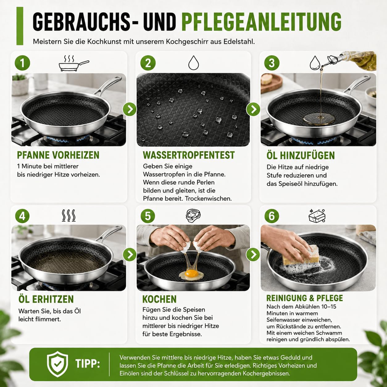 Bratpfanne 28 cm mit Keramischer Antihaftbeschichtung | Kratzfest, Gleichmäßige Wärmeverteilung, 20% Energieersparnis, 5-schichtiger Aufbau Edelstahl Pfanne, Induktionsgeeignet