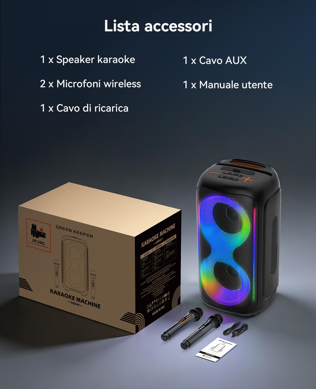 GKD40 Macchina Karaoke Portatile per Bambini e Adulti, Altoparlante Bluetooth con Sistema PA, 2 Microfoni Wireless Ricaricabili, Speaker da Festa con LED e Woofer 4" per Casa, Canto e Feste All'aperto