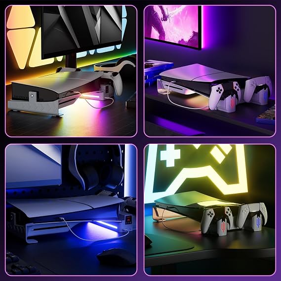 Hosanwell PS5 Slim Horizontal Bracket, Cooling Bracket with Dual Controller Charger for Playstation5 Slim, RGB Lights and Cooling Fan Stand, White