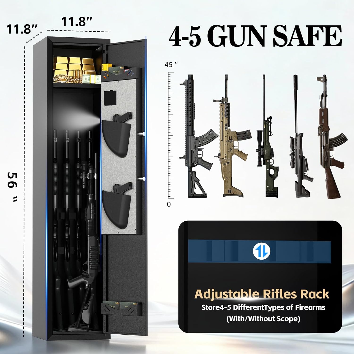 [No Assembly Required] 4-5 Biometric Gun Safe for Rifles and Pistols, Fingerprint Gun Cabinets for Rifles and Shotguns with Adjustable Shelves and Pistol Pockets, Quick Access Rifle Safe with Alarm