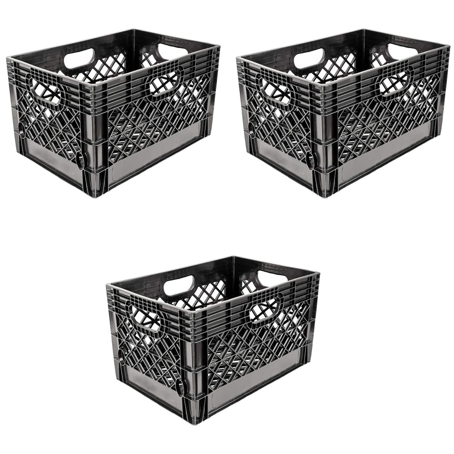Juggernaut Storage 24 Quart Indoor Outdoor Stackable Heavy-Duty Storage Milk Dairy Crate with Handles for Home, Office, or Garage, Black (3 Pack) Minimalist