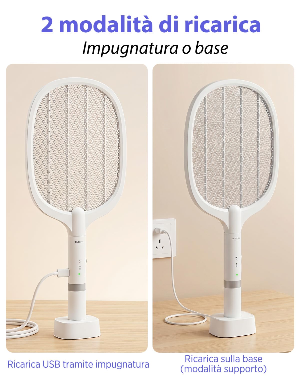 Racchetta Zanzare Elettrica Ricaricabile 4000V, Paletta Mosche con LED Viola, Batteria 1800mAh, Base di Ricarica USB, Griglia a 3 Strati, per Casa, Cucina, Giardino, Interni ed Esterni