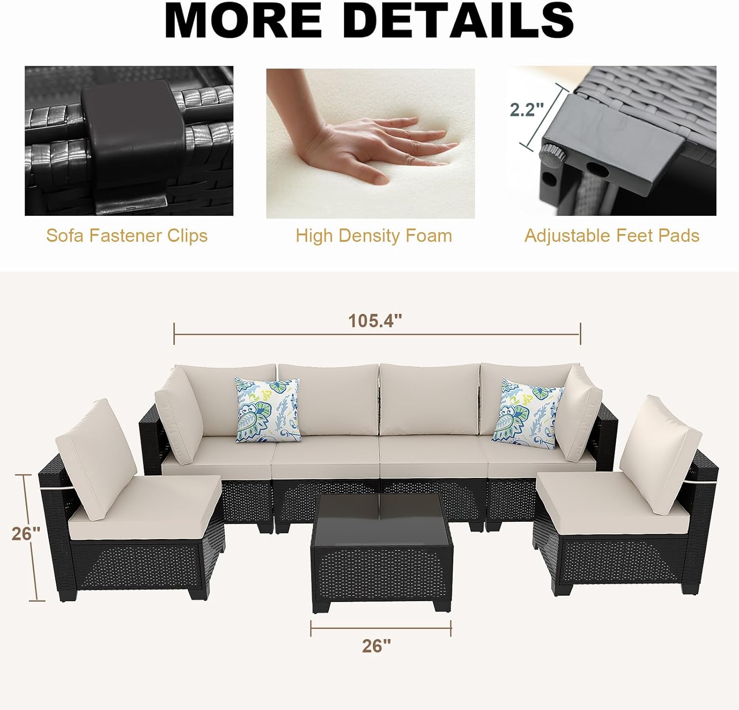 7 Piece Wicker Patio Furniture Set, Outdoor Conversation Couch Set with Waterproof Cushions, Patio Furniture for Garden Porch Balcony or Backyard, Coffee/Beige