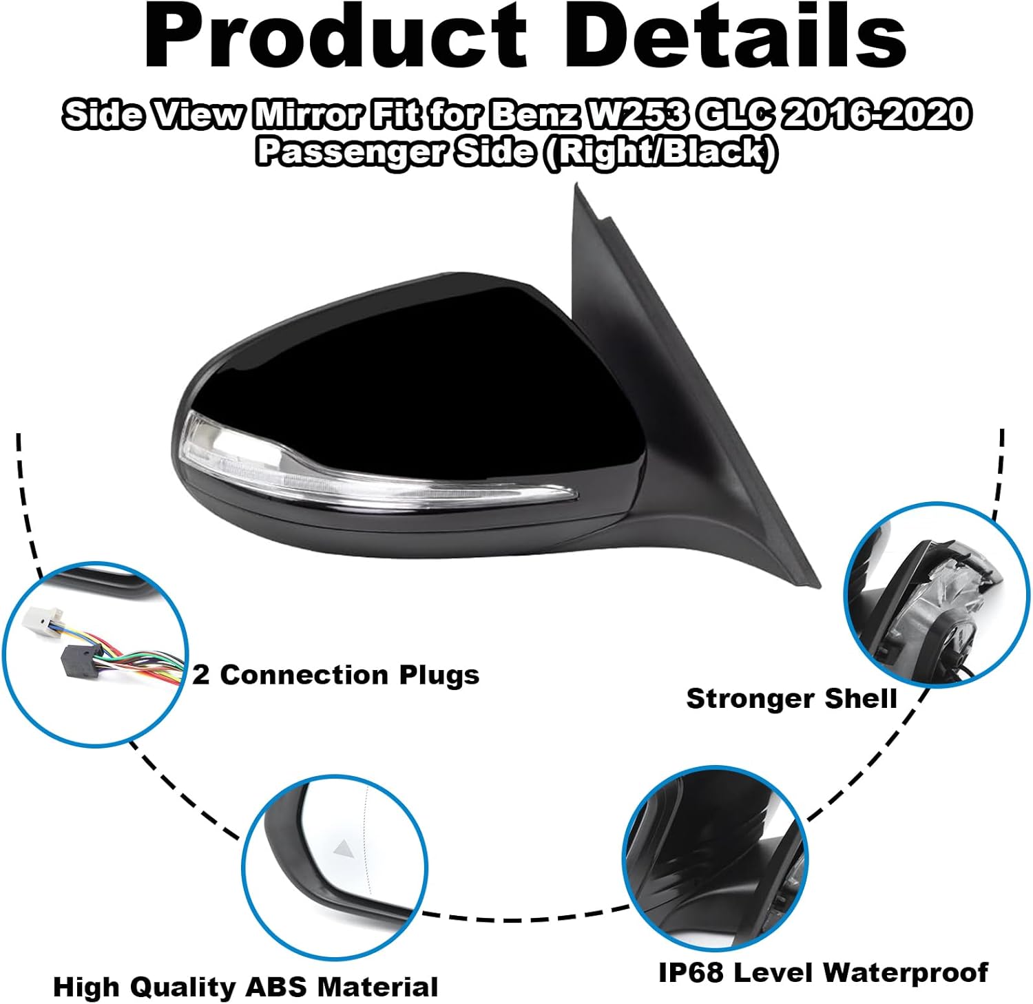 Passenger Side Mirror Fit for 2016-2020 Mercedes Benz W253 GLC200 GLC300 GLC260 Car Rear View Mirror Assembly Side Door Mirrors for Mercedes Benz Accessories Folding, Heating, Floor Light, Blindspot
