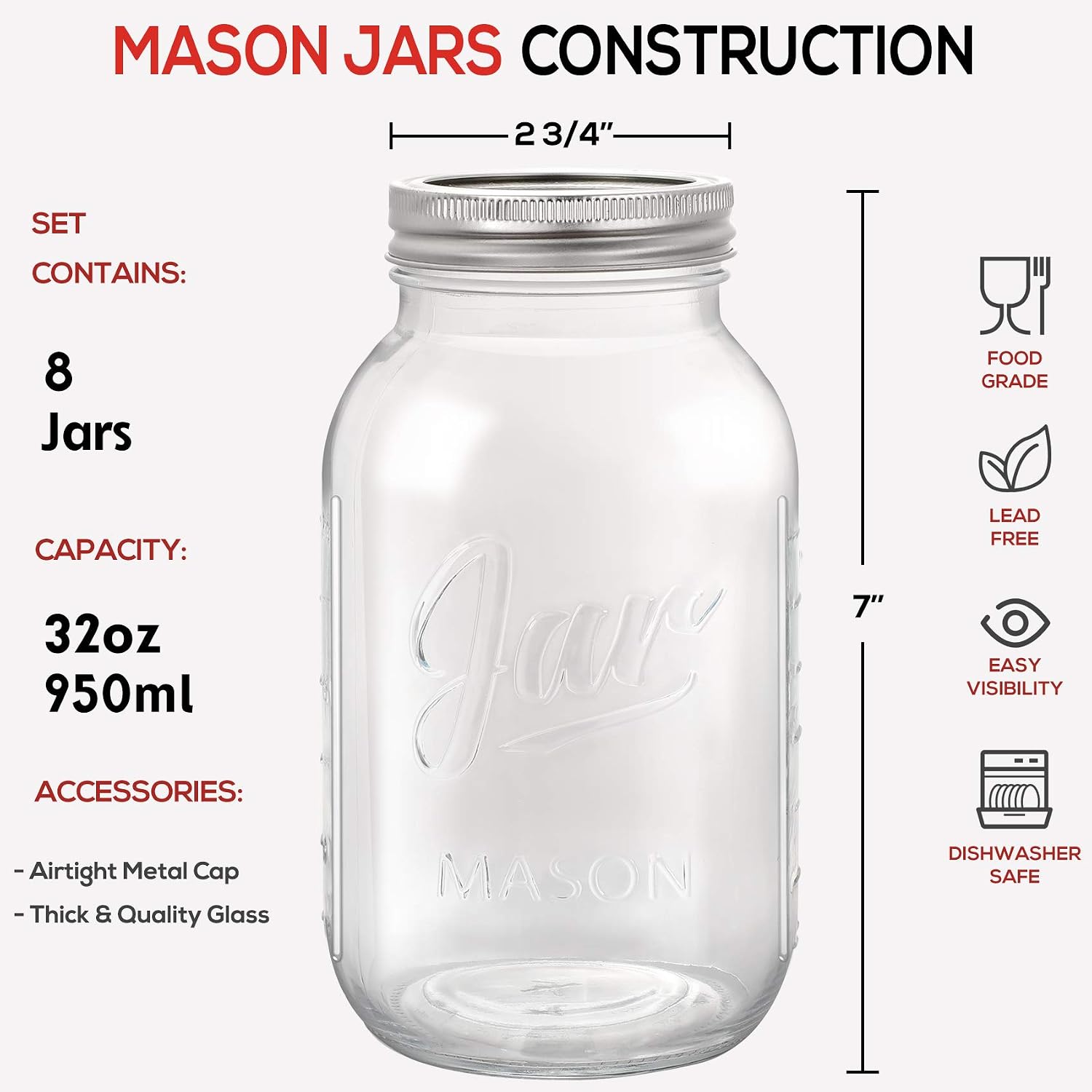8 PACK Mason Jars 32 Oz, Large Regular Mouth Canning Jars with Metal Airtight Lids and Bands, Extra Leak-Proof Colored Lids, Chalkboard Labels, Marker, for Meal Prep, Food Storage, Canning, Preserving