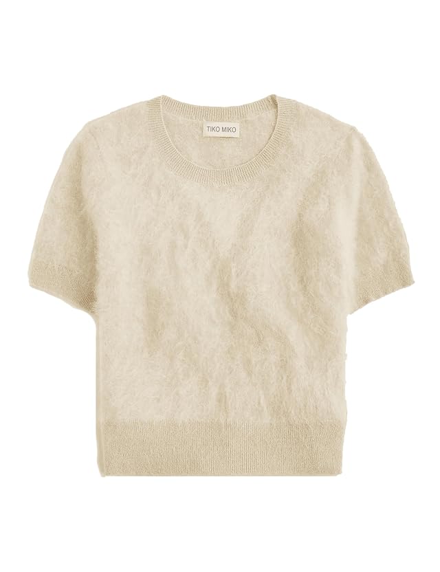 Womens Furry Cropped Sweater Short Sleeve Soft Fuzzy Sweater T Shirt Loose Casual Knit Pullover