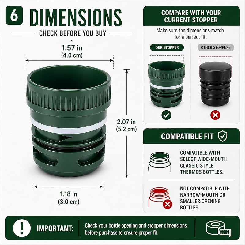 Thermo Stopper Pico de Mate for Coffee/Tea Stanley Replacement Part Classic Vacuum Insulated Wide Mouth Bottle (1.1QT, 2QT, 750ml, 1.9QT) For Stanley Thermos Only - (Green)