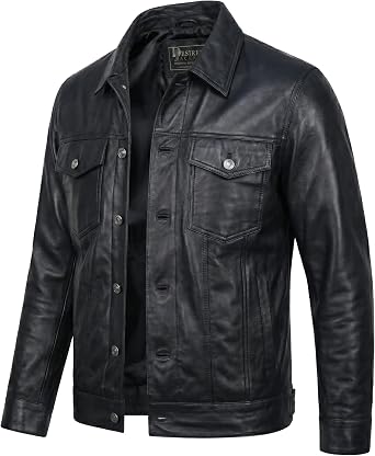 Vintage Style Trucker Leather Jacket Men Real Lambskin Vintage Trucker Shirt Collar Mens Leather Jackets