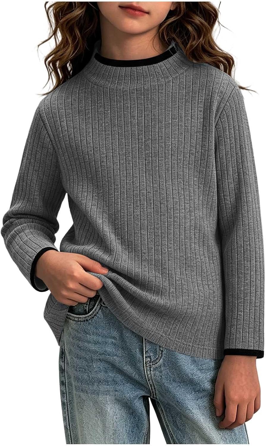 Girls Long Sleeve Mock Neck Ribbed Shirts Fall Casual Tops 0-8Y