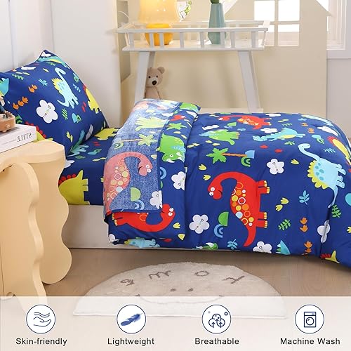 Miniatura 3 de Wowelife Juegos de ropa de cama para niños pequeños para niños, juego de edredón Premium de 4 piezas de dinosaurio para niños pequeños, cama azul en