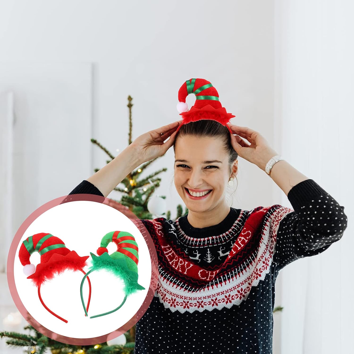 minkissy 2pcs Hat Headbands Christmas Hat Headband Hair Hoop Headpiece Christmas Cosplay Costume for Women Girls Green Red - Image 5