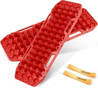 Recovery Traction Boards- BUNKER INDUST Offroad Traction Mat Red Traction Tracks with Straps for Sand Mud Snow, Pack of 2