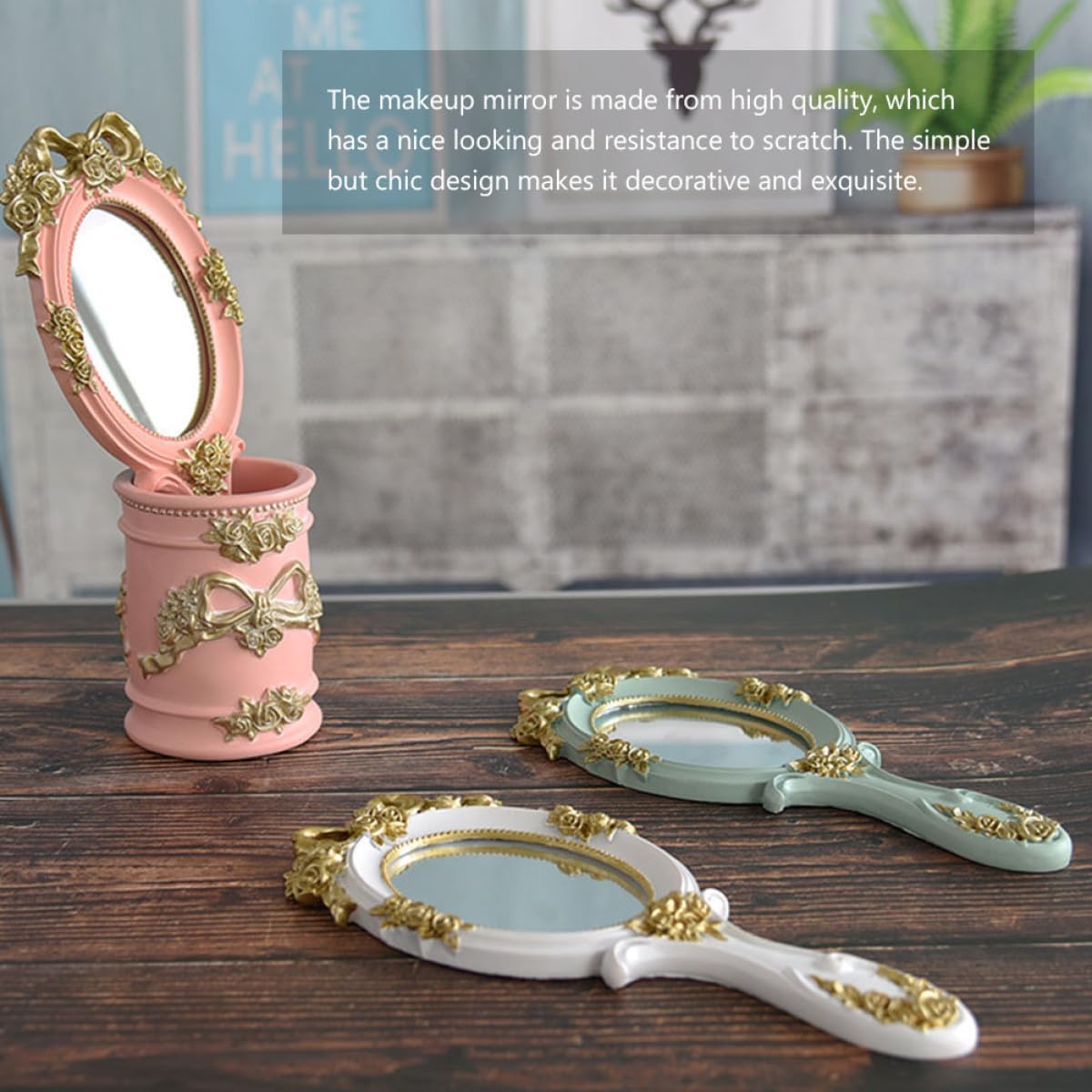 Makeup Mirror with Handle, Blue Handheld Vanity Mirror for Women, Retro Cosmetic Tool for Travel and Dressing Table Use