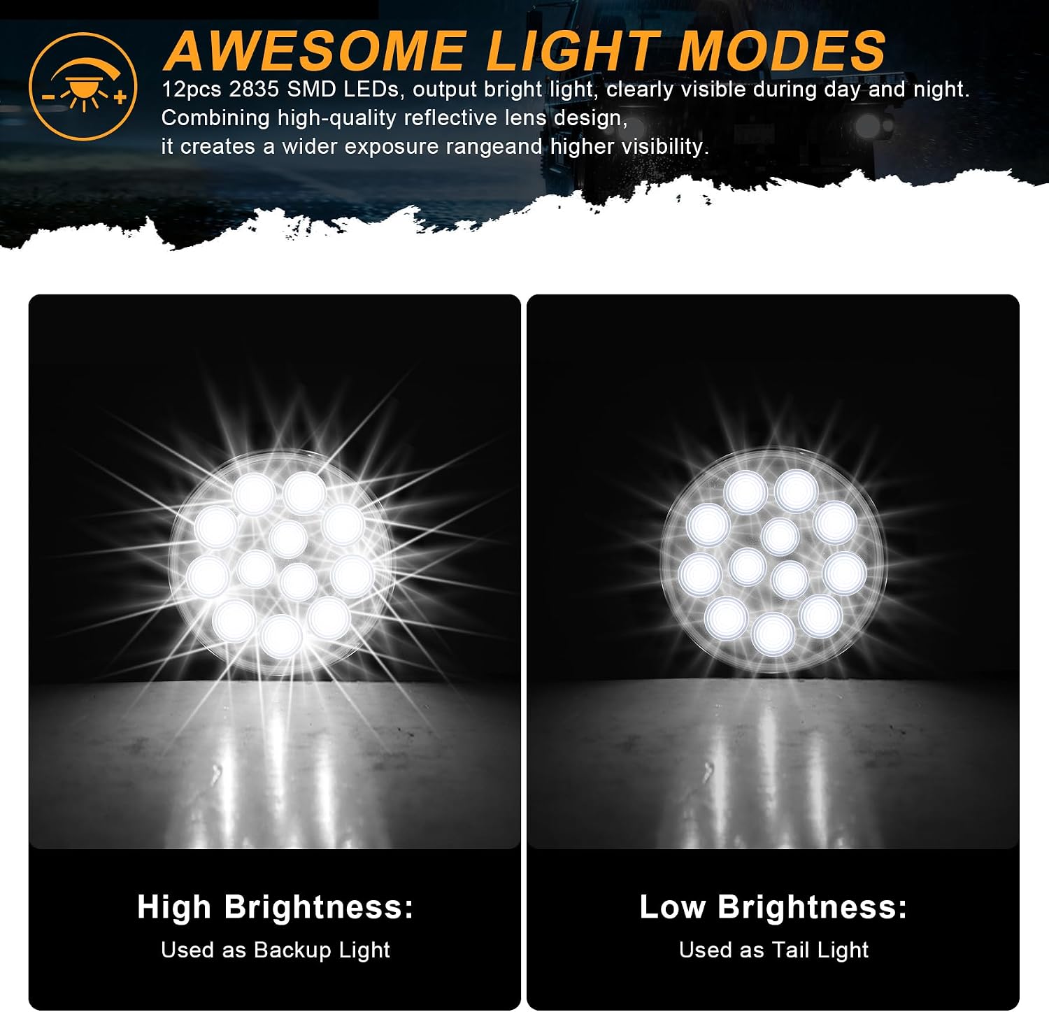 2PCS 4" Round White LED Reverse Back Up Lights 12 LEDs, IP67 Waterproof Trailer Tail Lights with Surface Mount Grommet for Truck Trailer RV Jeep