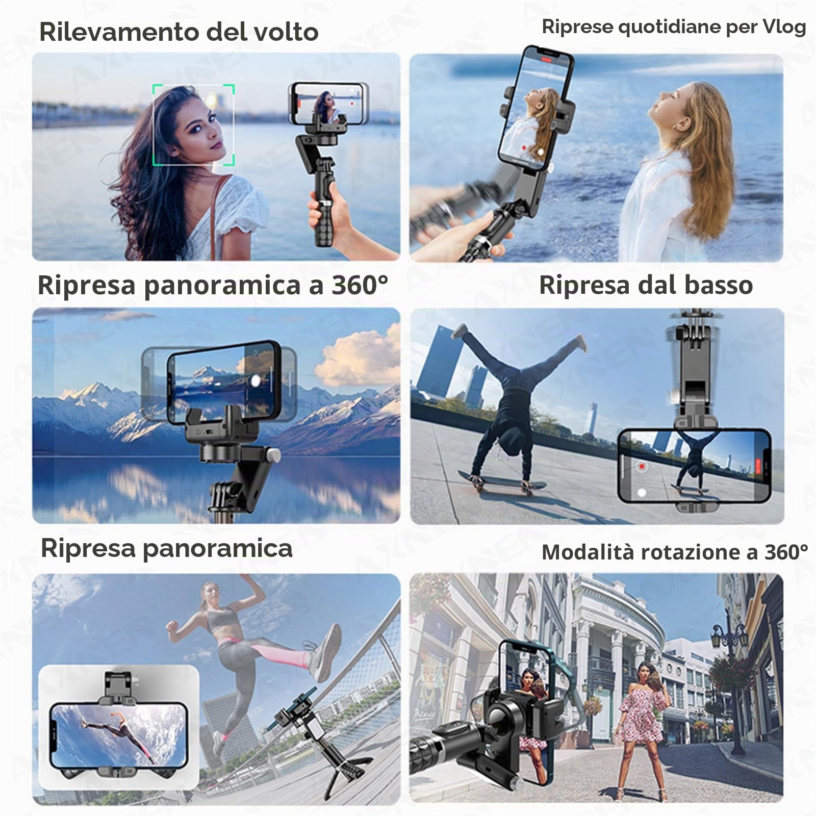 Gimbal Stabilizzatore per Smartphone Rotazione 360° Bastoni Selfie Desktop Treppiede, Luce Riempimento Telecomando Wireless Tracciamento Intelligente Compatibile con Android iPhone