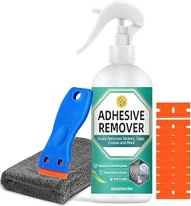 Adhesive Remover Spray, Glue Remover with Plastic Scraper and Towel, Surface Safe Sticky Stuff Remover for Car, Windows, Floor, Sticker Remover Rapidly Removes Labels, Gum, Tape, Wax (10.5Fl oz)